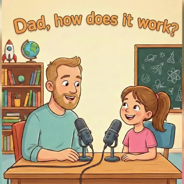 Illustrated show art: a cartoon dad and child at microphones, with the title Dad, how does it work?